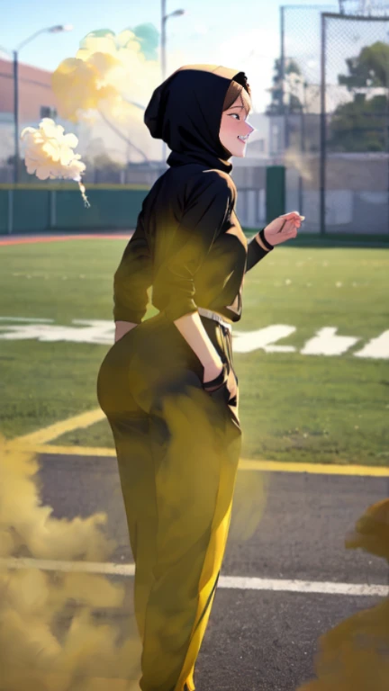 ((velocity)),Yellow smoke,Attacked by farts, (((Women farting))),(girl farting while stand)),smiled faintly,velocity,(Yellow smoke is rising))(a female Physical Education teacher), (wearing tracksuits),(standing facing the screen),(her butt facing the screen)) (wear hijab),(Asian woman),(school field ),(masterpiece:1.2、top-quality)、(the Extremely Detailed CG Unity 8K Wallpapers、ultra-detailliert、Best Shadows)、(细致背景)、(The best lighting、extremely delicate and beautiful)、depth of fields、1girl in、alone