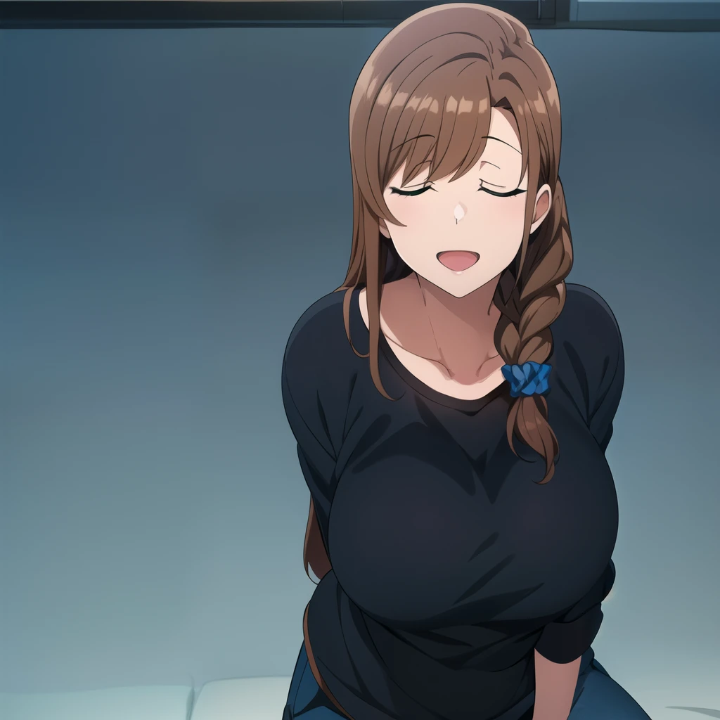 hd, masterpiece, best quality, 1girl, solo, long hair, ((black shirt)), opoened mouth, brown hair, braid , ears, happy, closed eyes, opened mouth, braid, scrunchie, ((living room)), blue pants