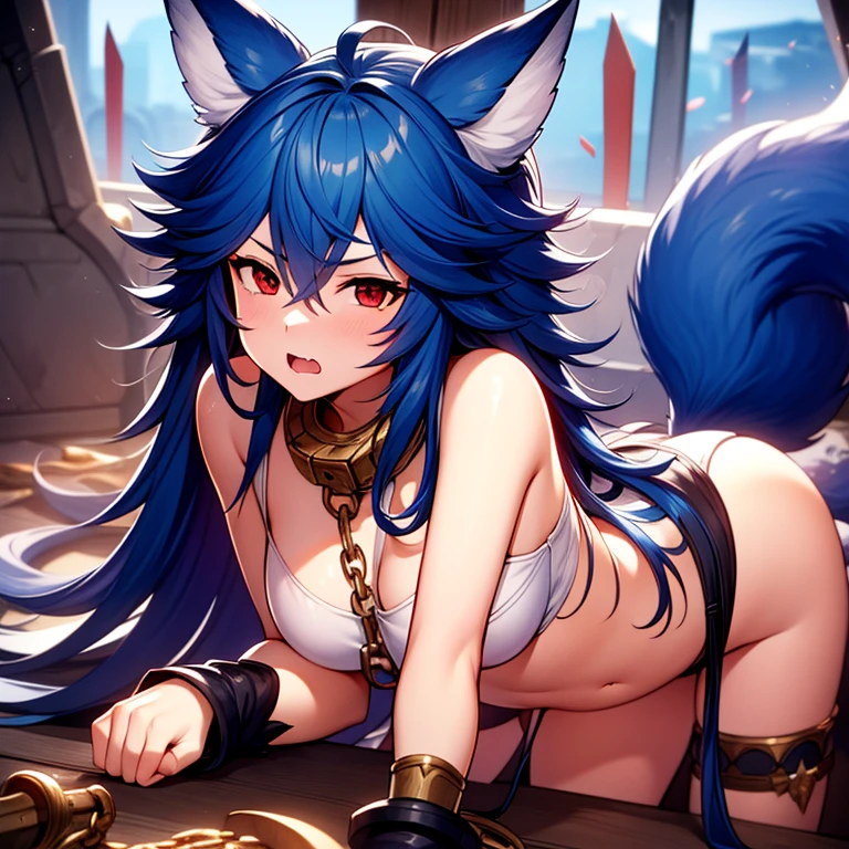 1girl, animal_ear_fluff, animal_ears, blue_hair, bound, chain, commentary_request, fenrir_(shingeki_no_bahamut), ganesagi, granblue_fantasy, highres, long_hair, red_eyes, solo, tied_up_(nonsexual), wolf_ears