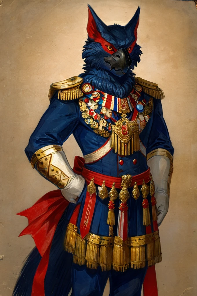 A Nargacuga as a German monarch posing for a portrait, black fur, yellow fur, medals, ribbons, 1900s photograph,