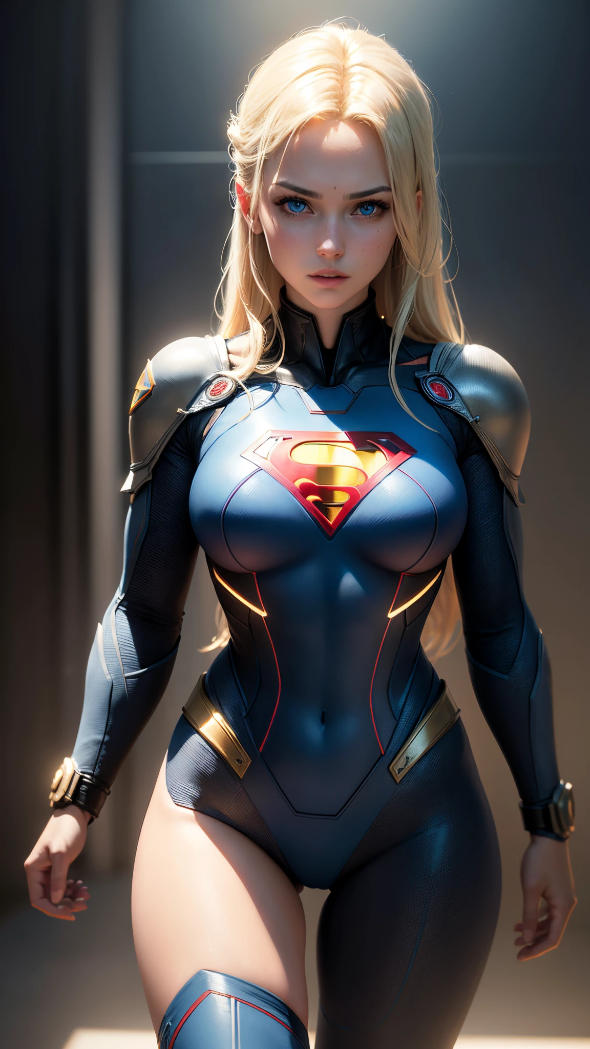 ((Best Quality)), ((Masterpiece)), (Detailed: 1.4), 3D, an image of a beautiful cyberpunk Supergirl,HDR (High Dynamic Range),Ray Tracing,NVIDIA RTX,Super-Resolution,Unreal 5,Subsurface Dispersion, PBR Texture, Post-processing, Anisotropic Filtering, Depth of Field, Maximum Clarity and Sharpness, Multilayer Textures, Albedo and Specular Maps, Surface Shading, Accurate Simulation of Light-Material Interaction, Perfect Proportions, Octane Render, Two-Tone Lighting,Wide Aperture,Low ISO,White Balance,Rule of Thirds,8K RAW,CircuitBoardAI, Blonde Hair, Blue Eyes, Superman Symbol on Chest.