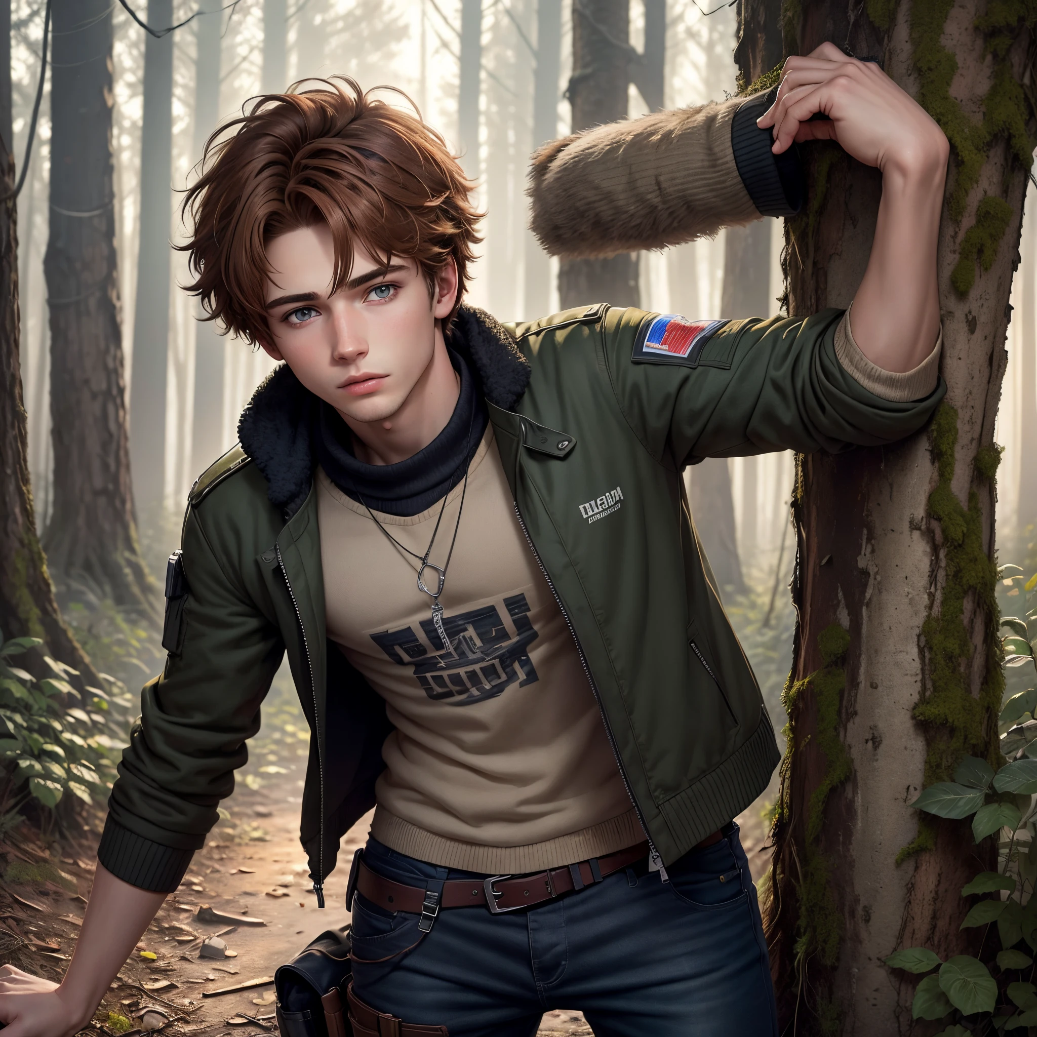 Illustrated image of a young adult male (about 19) with messy, wispy fluffy short auburn brown hair, blue eyes, wearing a post apocalyptic sweater and tactical pants. Background is a Russian apartment complex in a forest. Extremely detailed. One person in image, close up, 2010 aesthetic