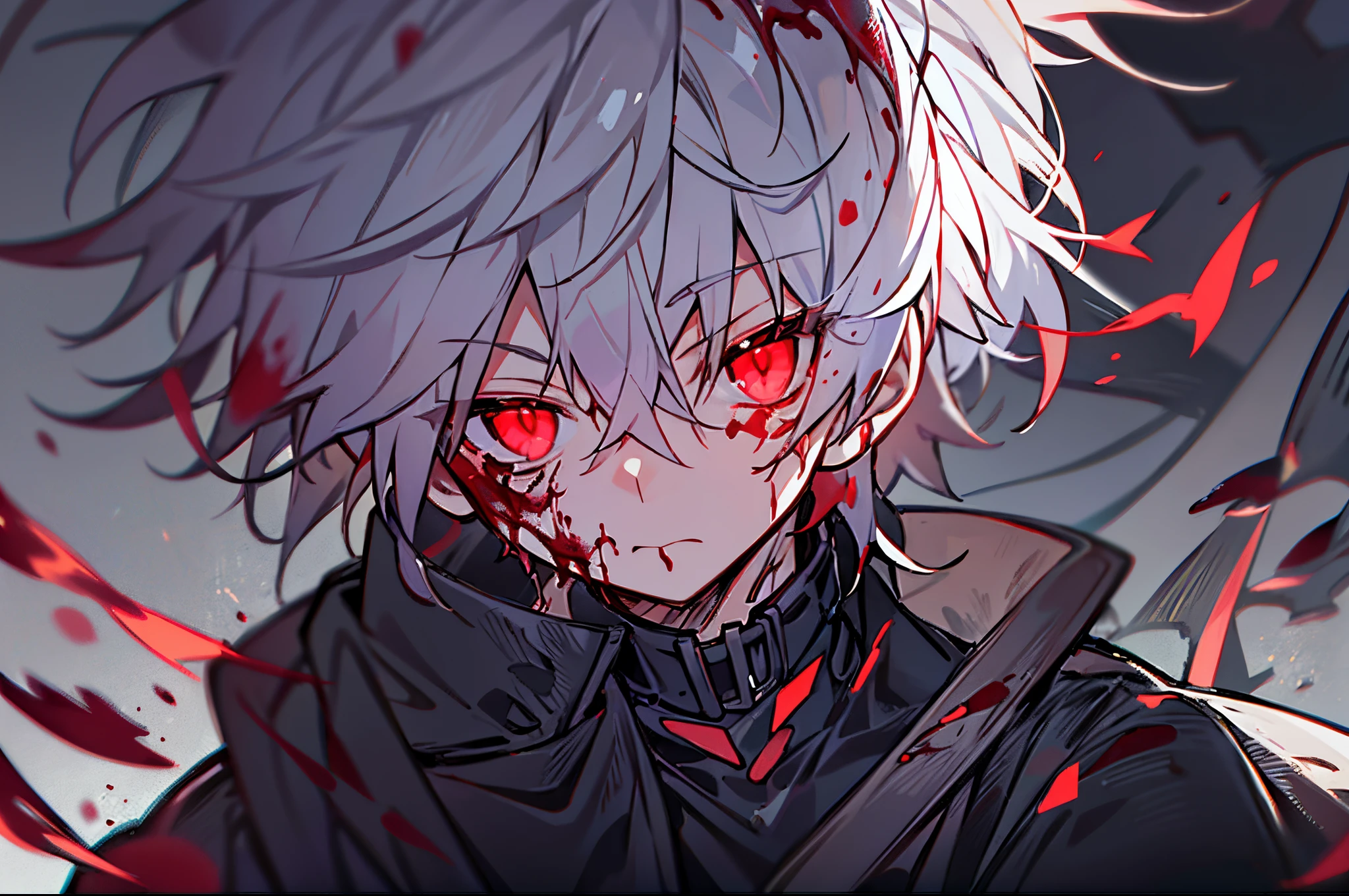 hight resolution,close range、Anime boy with white hair and red eyes staring at camera, Glowing red eyes,slim, dressed in a black outfit,Shadow Body,colorful backdrop,hair messy, Diagonal angle、glares、（bleed）、Bloody