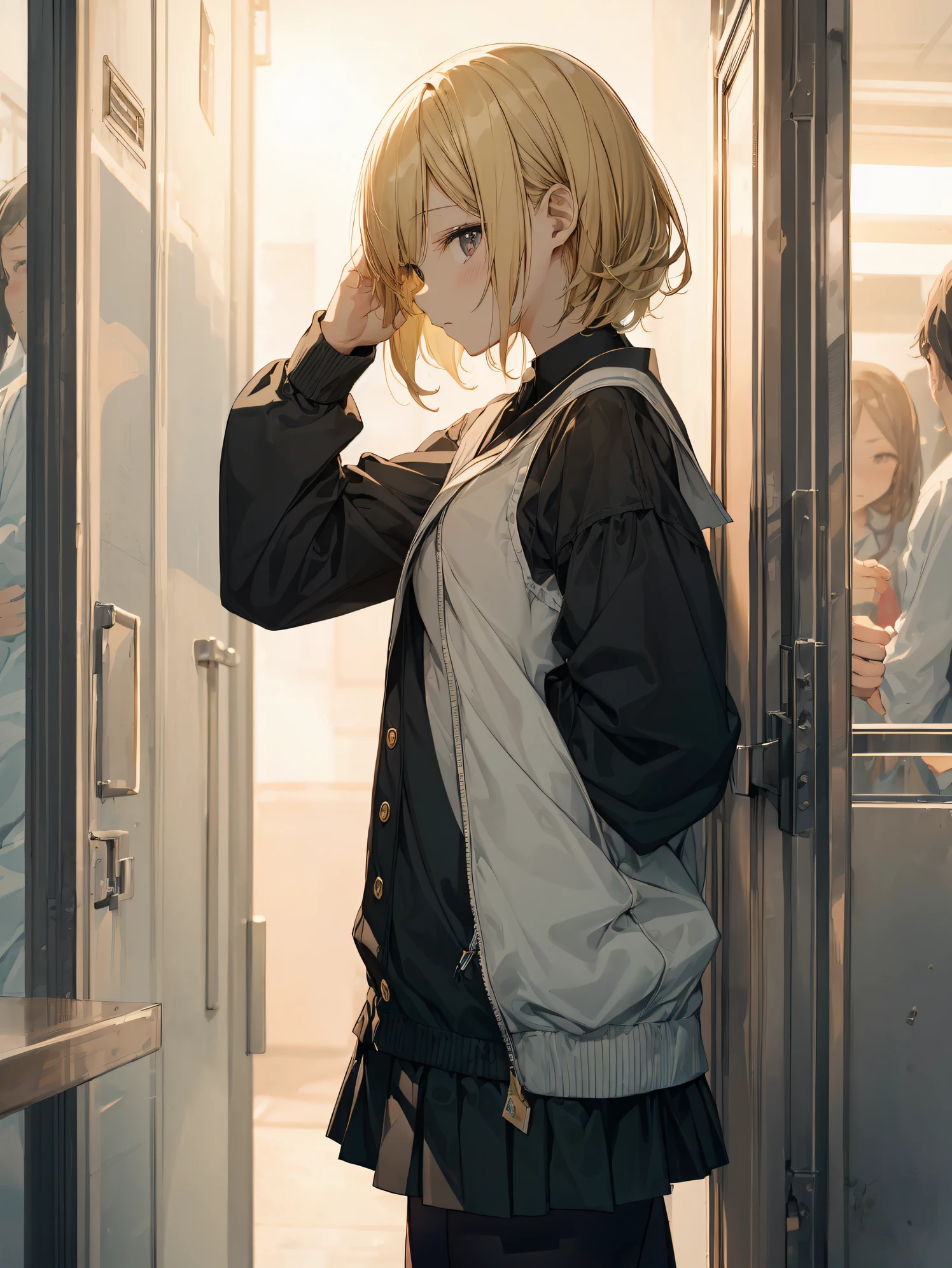 of the highest quality, anime moe art style,Best Anime 8K Konachan Wallpapers,Pixiv Contest Winner,Badass Anime 8K,Perfect Anatomy, (Draw a girl sleepily walking to school. ),BREAK, 1girl in, (Solo,Lori,child,13years:1.3),a junior high school student, Androgynous attraction, (Very short hair),hair messy, Full limbs, complete fingers,flat chest, Small butt, groin, Small eyes,Precise black eyes,disgusted eye, School uniform, Skirt,On the way to school. BREAK,Ultra-detailed,High resolution,super detailed skin, Professional Lighting, 8k eye details, (cool illustration:1.2),