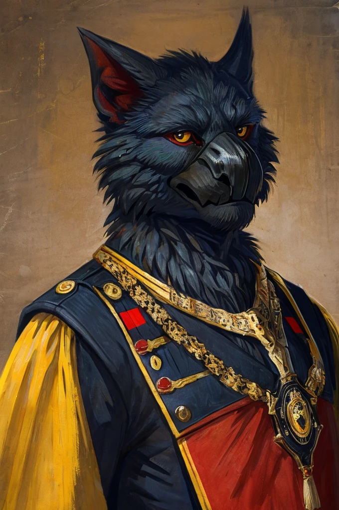 A Nargacuga as a German monarch posing for a portrait, ((black fur)), ((yellow fur)), 1900s photograph, with a german flag in the background