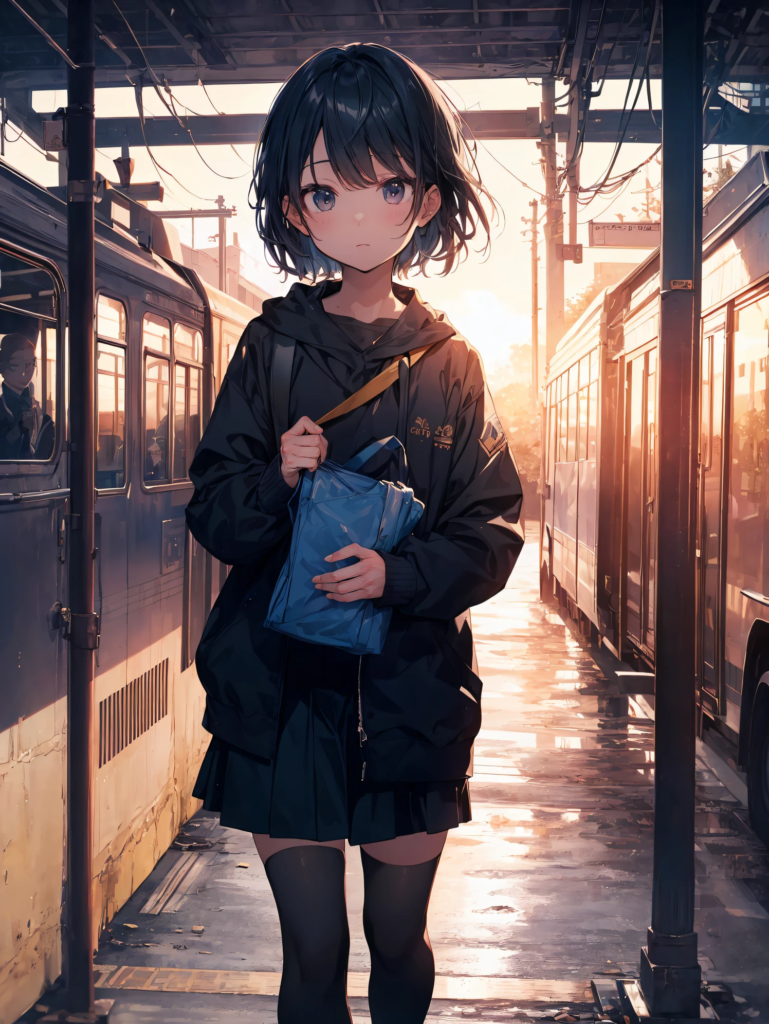 of the highest quality, anime moe art style,Best Anime 8K Konachan Wallpapers,Pixiv Contest Winner,Badass Anime 8K,Perfect Anatomy, (Draw a girl sleepily walking to school. ),BREAK, 1girl in, (Solo,Lori,child,13years:1.3),a junior high school student, Androgynous attraction, (Very short hair),hair messy, Full limbs, complete fingers,flat chest, Small butt, groin, Small eyes,Precise black eyes,disgusted eye, School uniform, Skirt,On the way to school. BREAK,Ultra-detailed,High resolution,super detailed skin, Professional Lighting, 8k eye details, (cool illustration:1.2),