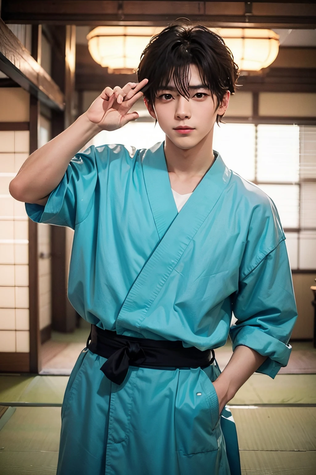 While fully unleashing his masculinity、Please generate a photo of a Japanese male idol in a cute pose.。