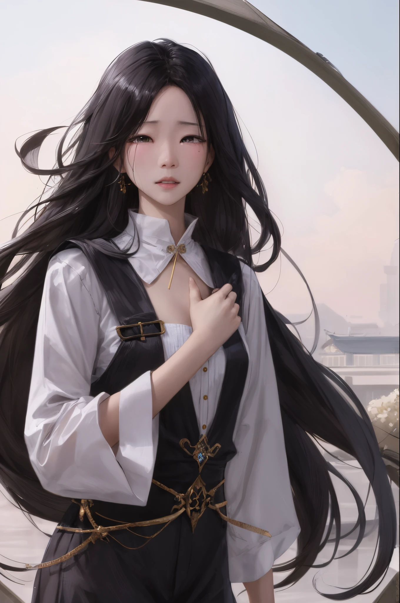 Long black hair、skin is white、A fragile young Asian beauty、crying bitterly