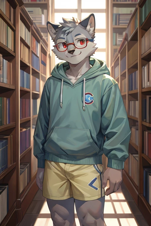 A little gray wolf with light green and light red eyes is holding his glasses and looking at the camera with a smile in the library.，Wearing light yellow shorts and a sky blue hoodie，There is a band-aid on the calf，short hairs，Humanoid with folded ears，full-shot，Cubs