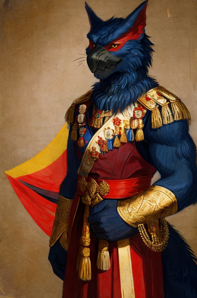A Nargacuga as a German monarch posing for a portrait, 1900s photograph, with a german flag in the background