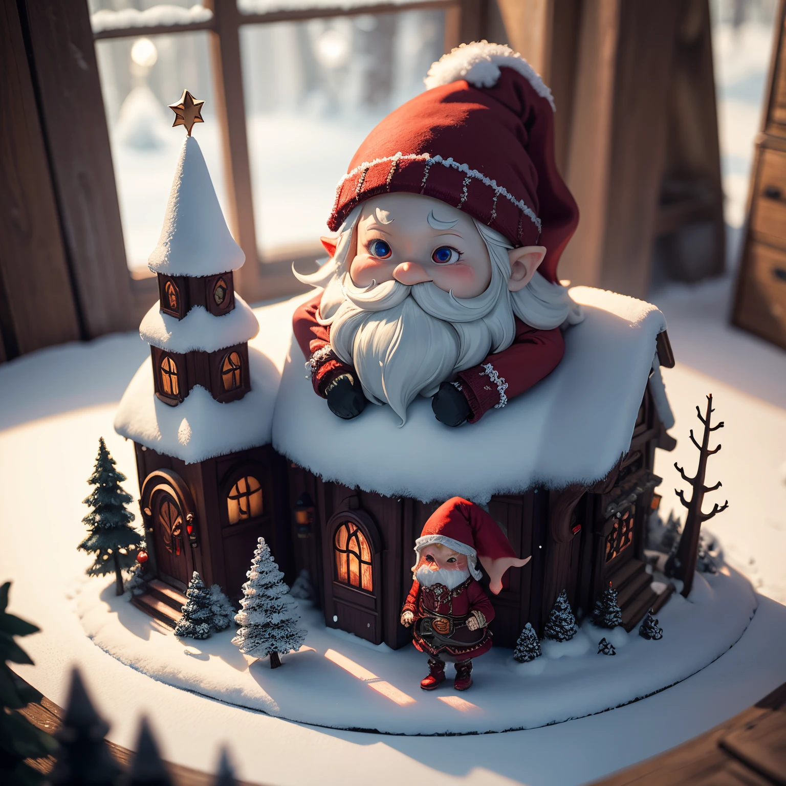 masterpiece、top-quality、ultra-detailliert、creepy red gnome、fairy tale snow forest