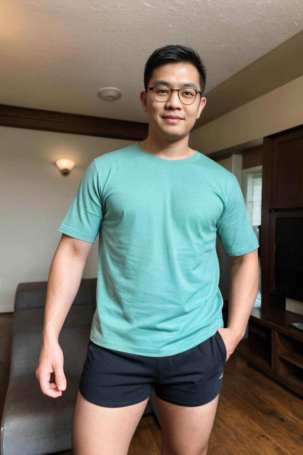 Andrew thomas huang, oval face, eyeglasses, neat muscular, (((big shirt))), shorts, standing, random pose, living room