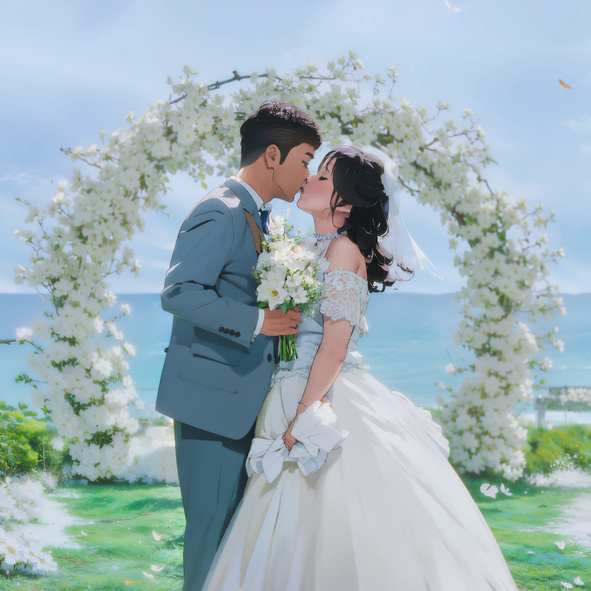 Bride and groom kissing in front of flower arch, wedding photo, Background with, Romantic, luxurious wedding, Weddings, kissing together cutely, Shot with Canon EOA 6 D Mark II, couple kissing, trailer, lovely kiss, professional wedding photography, 🤬 🤮 💕 🎀, 𝓡𝓸𝓶𝓪𝓷𝓽𝓲𝓬, wedding photography, kisses, behind the scenes, cute couple, jia