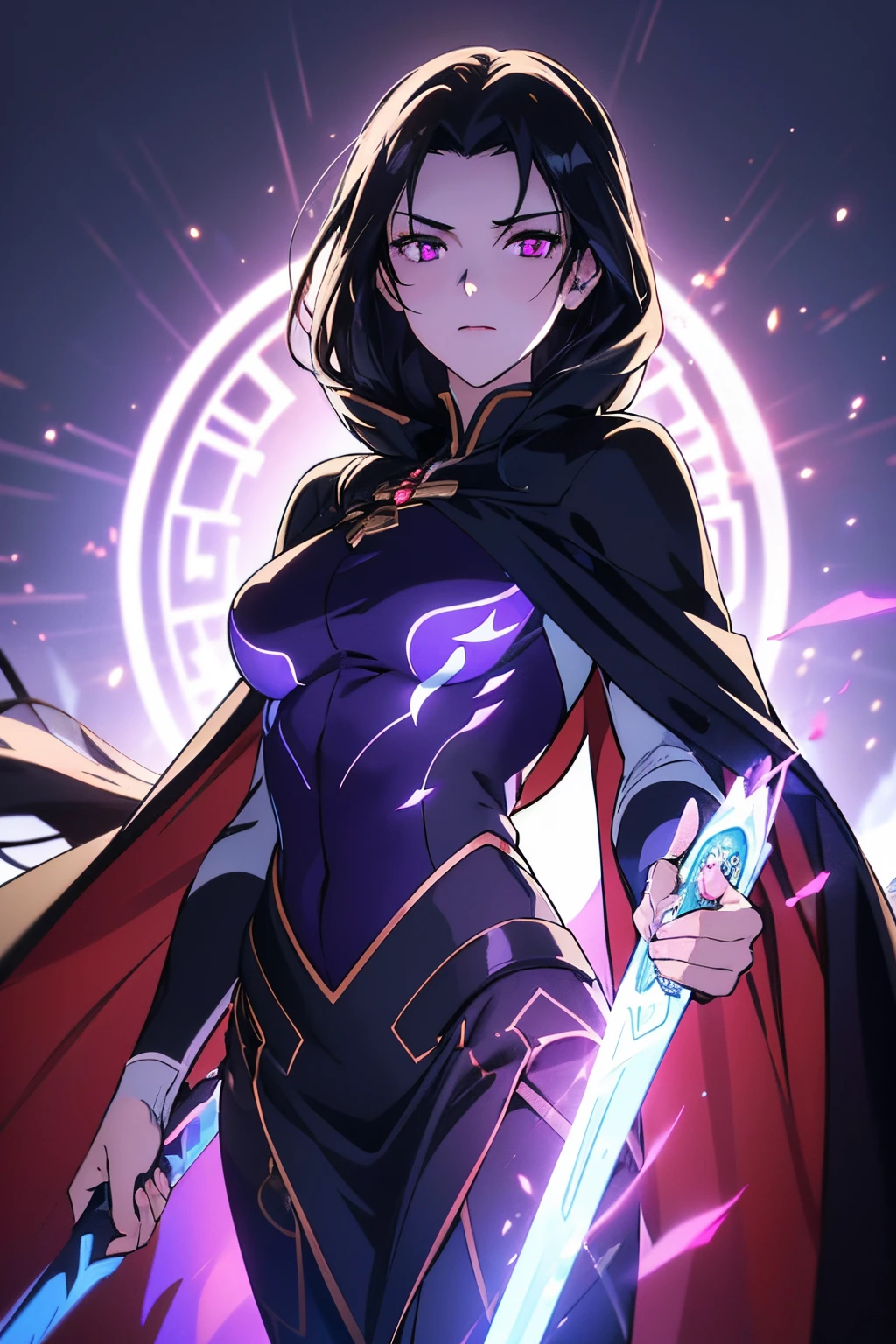 (best quality, high resolution), ultra-detailed, woman, young, 19 years old, long flowing black hair, snow-white skin, calm eyes, emotionless, glowing purple eyes, long black uniform, black cape with hood, fireball purple in hand. purple light background