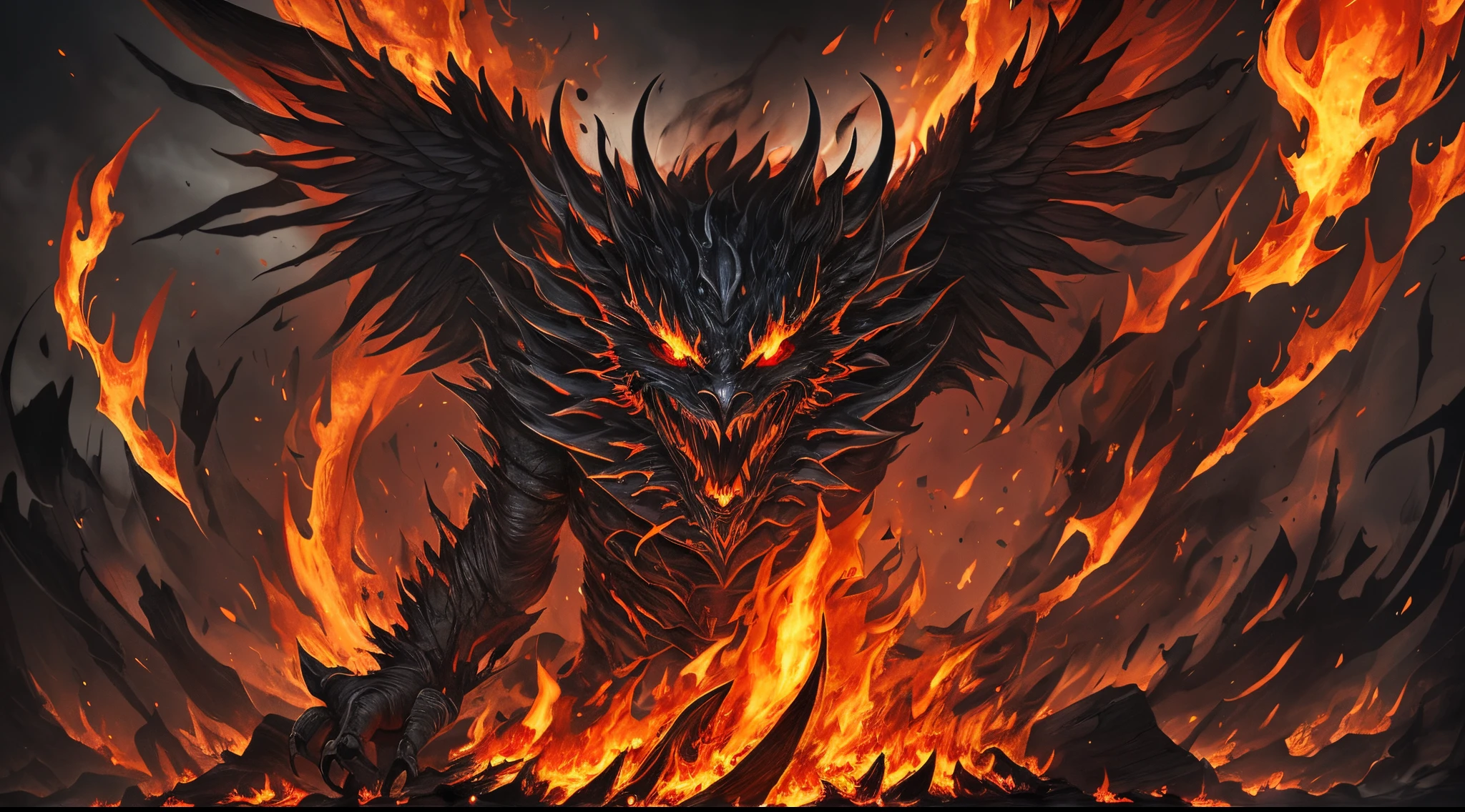 A black, tattered demon with glowing, empty eyes, curved claws and a distorted, greedy grin. Its skin, marked by fire, looks as if it is constantly on fire. --auto --s2