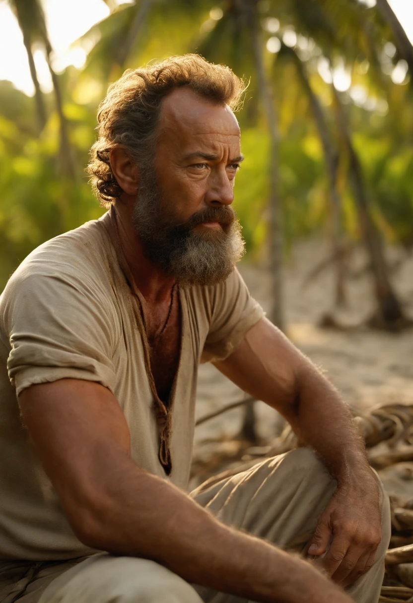 A photo of Chuck carefully fashioning a fishhook from a sharp piece of bone.,Cast Away (film),Chuck Noland, portrayed by Tom Hanks in the film “Cast Away,” is currently stranded on a deserted island in the Pacific Ocean.  Sunburnt and bearded, with long, unkempt hair, his physical condition reflects the harsh realities of island survival. He has a rugged, weathered look, with tattered clothes and a leaner physique due to the scarcity of food., male