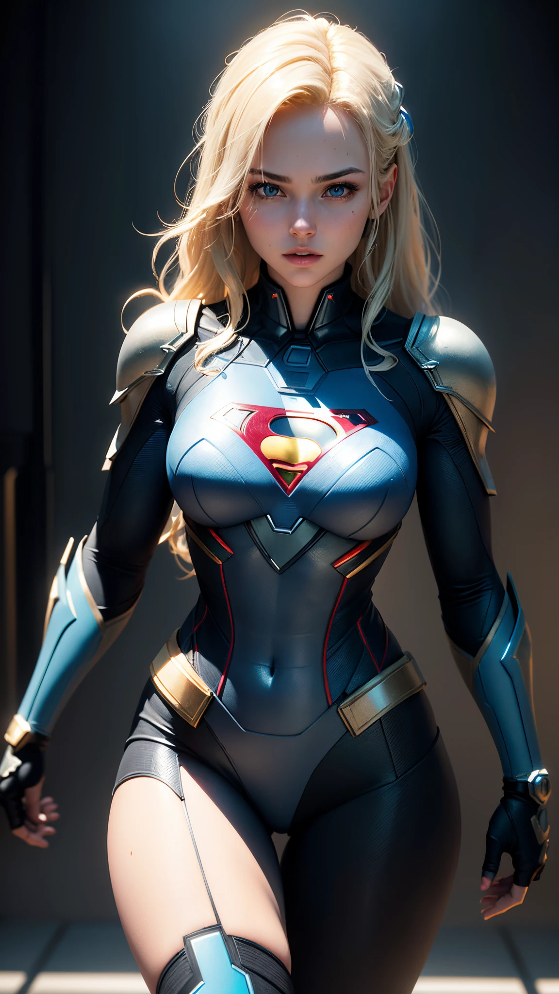 ((Best Quality)), ((Masterpiece)), (Detailed: 1.4), 3D, an image of a beautiful cyberpunk Supergirl,HDR (High Dynamic Range),Ray Tracing,NVIDIA RTX,Super-Resolution,Unreal 5,Subsurface Dispersion, PBR Texture, Post-processing, Anisotropic Filtering, Depth of Field, Maximum Clarity and Sharpness, Multilayer Textures, Albedo and Specular Maps, Surface Shading, Accurate Simulation of Light-Material Interaction, Perfect Proportions, Octane Render, Two-Tone Lighting,Wide Aperture,Low ISO,White Balance,Rule of Thirds,8K RAW,CircuitBoardAI, Blonde Hair, Blue Eyes, Superman Symbol on Chest.