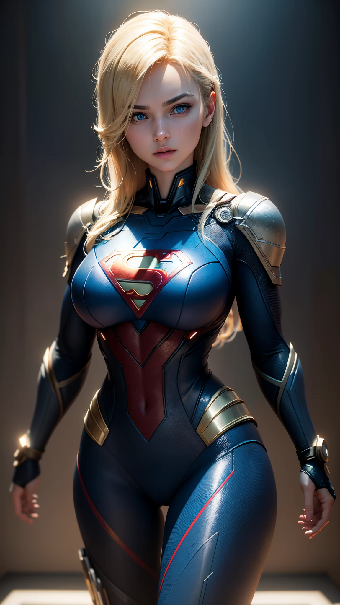 ((Best Quality)), ((Masterpiece)), (Detailed: 1.4), 3D, an image of a beautiful cyberpunk Supergirl,HDR (High Dynamic Range),Ray Tracing,NVIDIA RTX,Super-Resolution,Unreal 5,Subsurface Dispersion, PBR Texture, Post-processing, Anisotropic Filtering, Depth of Field, Maximum Clarity and Sharpness, Multilayer Textures, Albedo and Specular Maps, Surface Shading, Accurate Simulation of Light-Material Interaction, Perfect Proportions, Octane Render, Two-Tone Lighting,Wide Aperture,Low ISO,White Balance,Rule of Thirds,8K RAW,CircuitBoardAI, Blonde Hair, Blue Eyes, Superman Symbol on Chest.