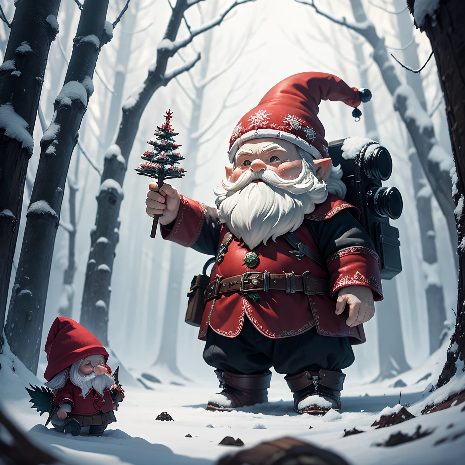 masterpiece、top-quality、ultra-detailliert、creepy red gnome//、fairy tale snow forest