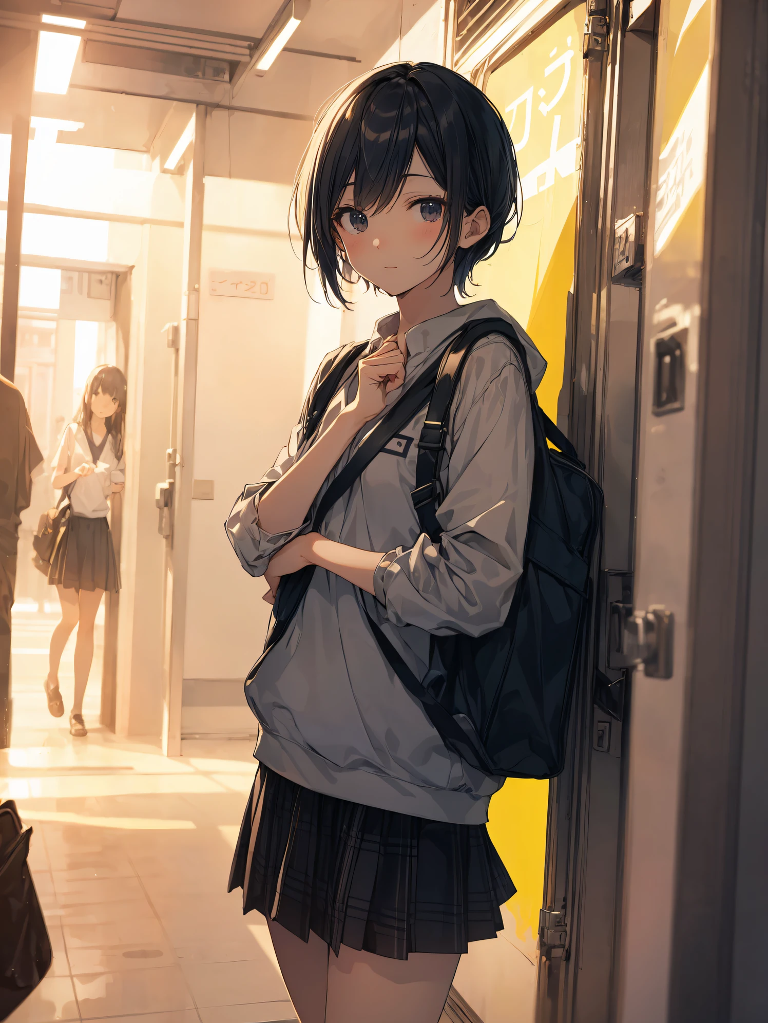 of the highest quality, anime moe art style,Best Anime 8K Konachan Wallpapers,Pixiv Contest Winner,Badass Anime 8K,Perfect Anatomy, (Draw a girl sleepily walking to school. ),BREAK, 1girl in, (Solo,Lori,child,13years:1.3),a junior high school student, Androgynous attraction, (Very short hair),hair messy, Full limbs, complete fingers,flat chest, Small butt, groin, Small eyes,Precise black eyes,disgusted eye, School uniform, Skirt,On the way to school. BREAK,Ultra-detailed,High resolution,super detailed skin, Professional Lighting, 8k eye details, (cool illustration:1.2),