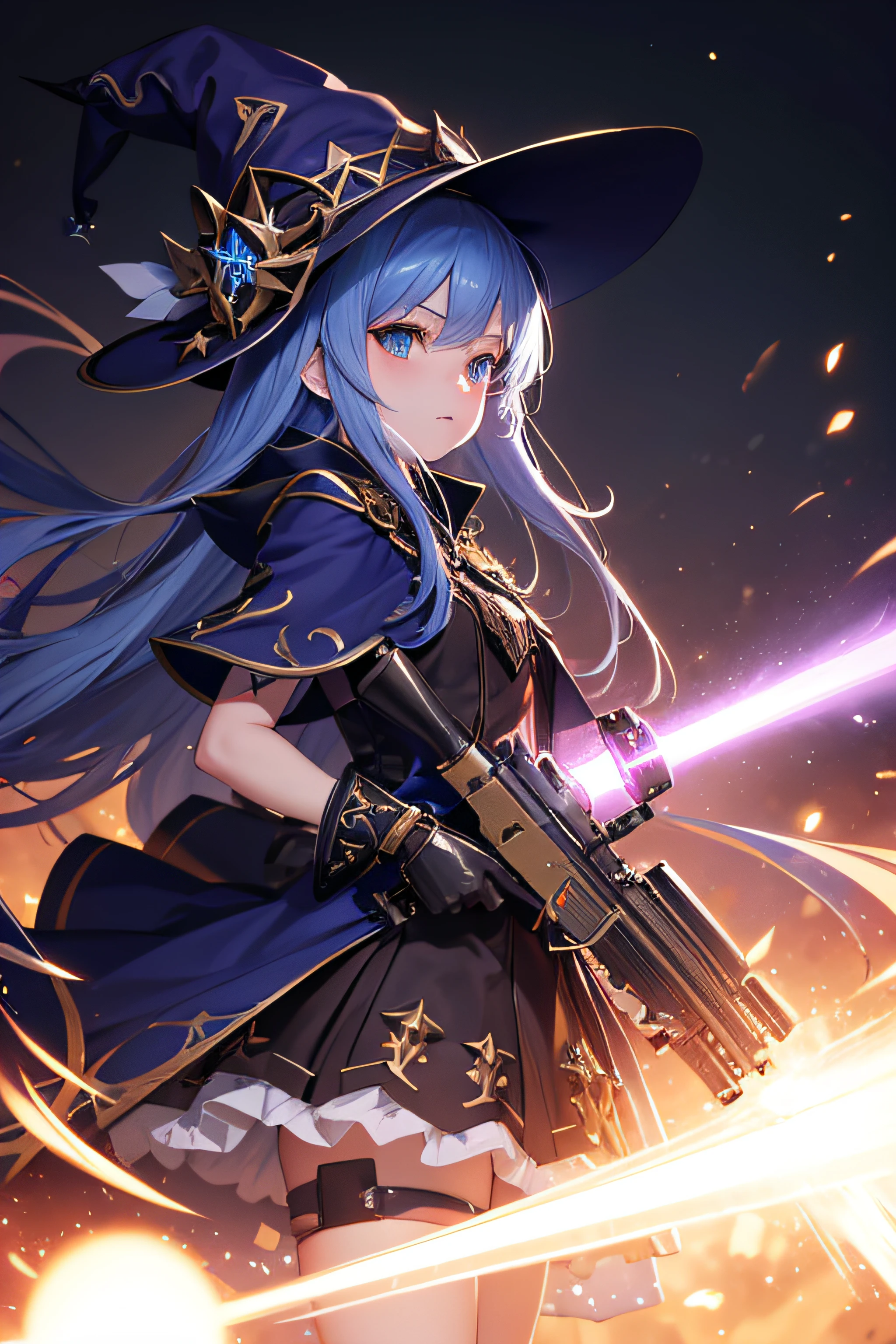 (very detailed 8k wallpaper), medium shot of a loli necromancer, particle lighting, high detail, dramatic, gatling gun in hand, clean background, with wizard hat on, background top weapon removed