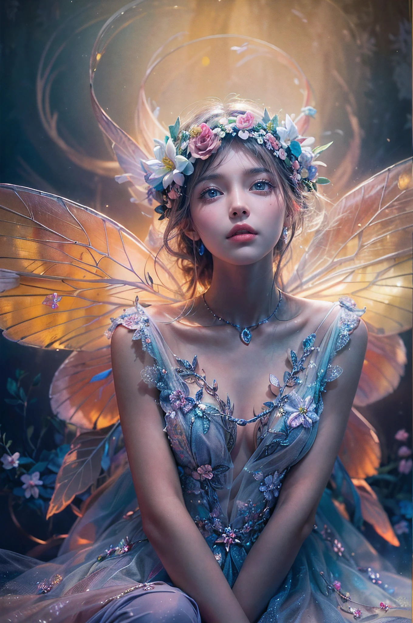 (Color photo of mysterious flower fairy with transparent colorful wings),(extremely delicate and beautiful work:1.2), Sitting in the Light of God, with neon lights, Axisymmetry, grand background, Silver dress, high-heels, flowercrown, starryskybackground, gentle and mysterious expression, High color saturation, surrealism , (Best Quality, masutepiece, ultra-detailliert, 超A high resolution, Photorealistic, Raw photo, absurderes, absolutely resolution:1.4),