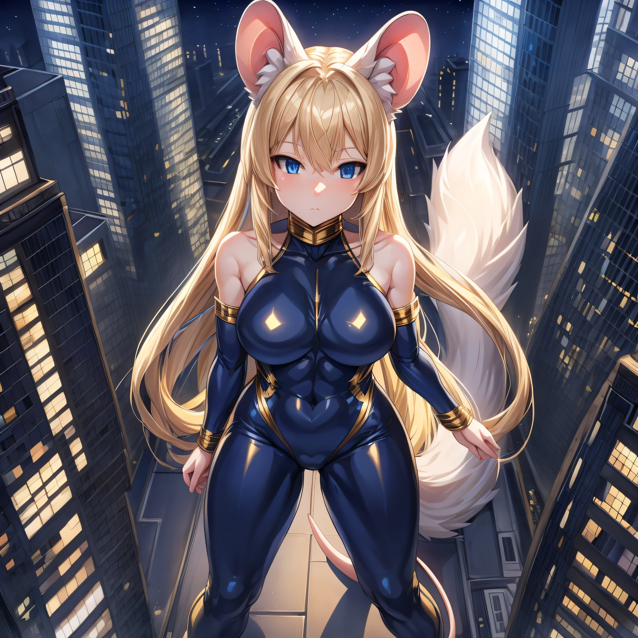 POV from above looking at A tiny petite humanoid miniature girl with pale skin and long blonde hair and blue eyes and fluffy mouse ears and a fluffy blonde mouse tail and average breasts is stood alone on the roof of a high-rise building in the city at night. She is wearing a navy blue spandex bodysuit with gold trim.