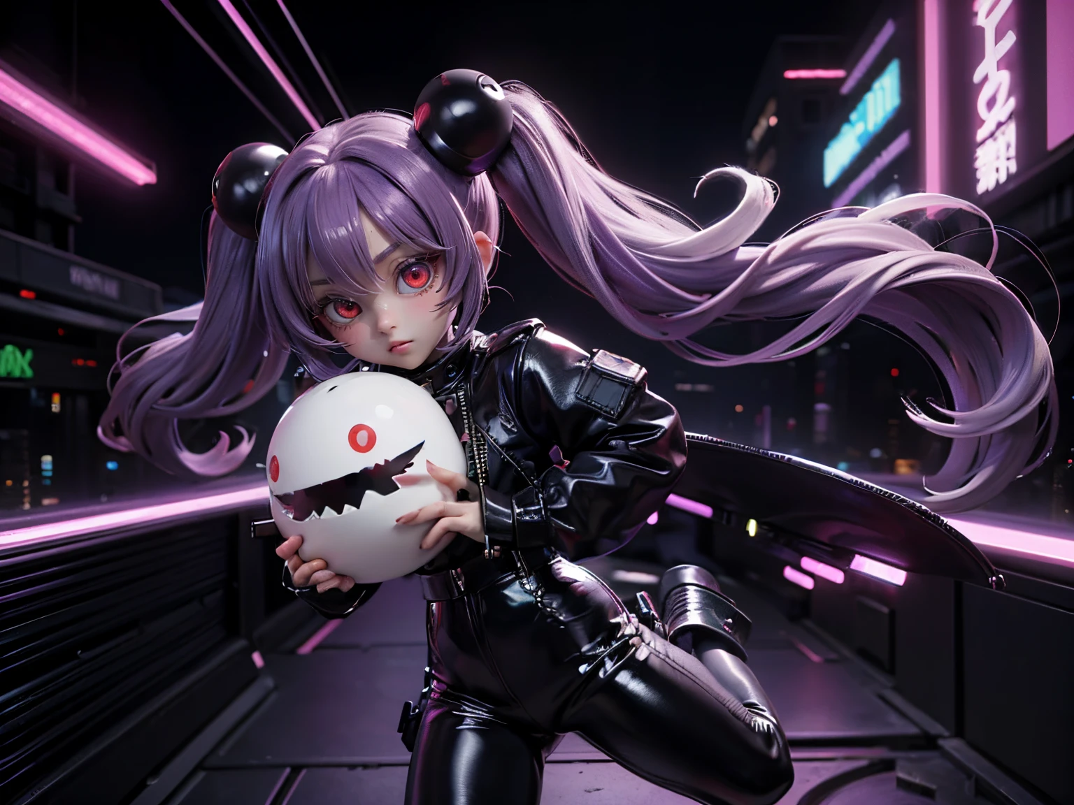 (Next to me、There is a girl with a cute oval white monster on her head...:1.2)、((Red Eye))、bright purple twintail hair、Black leather suit、a black skirt、Black pants、Rooftop of neon-lit cyberpunk futuristic city、deep in the night、Jumping、Aerial view from the back,