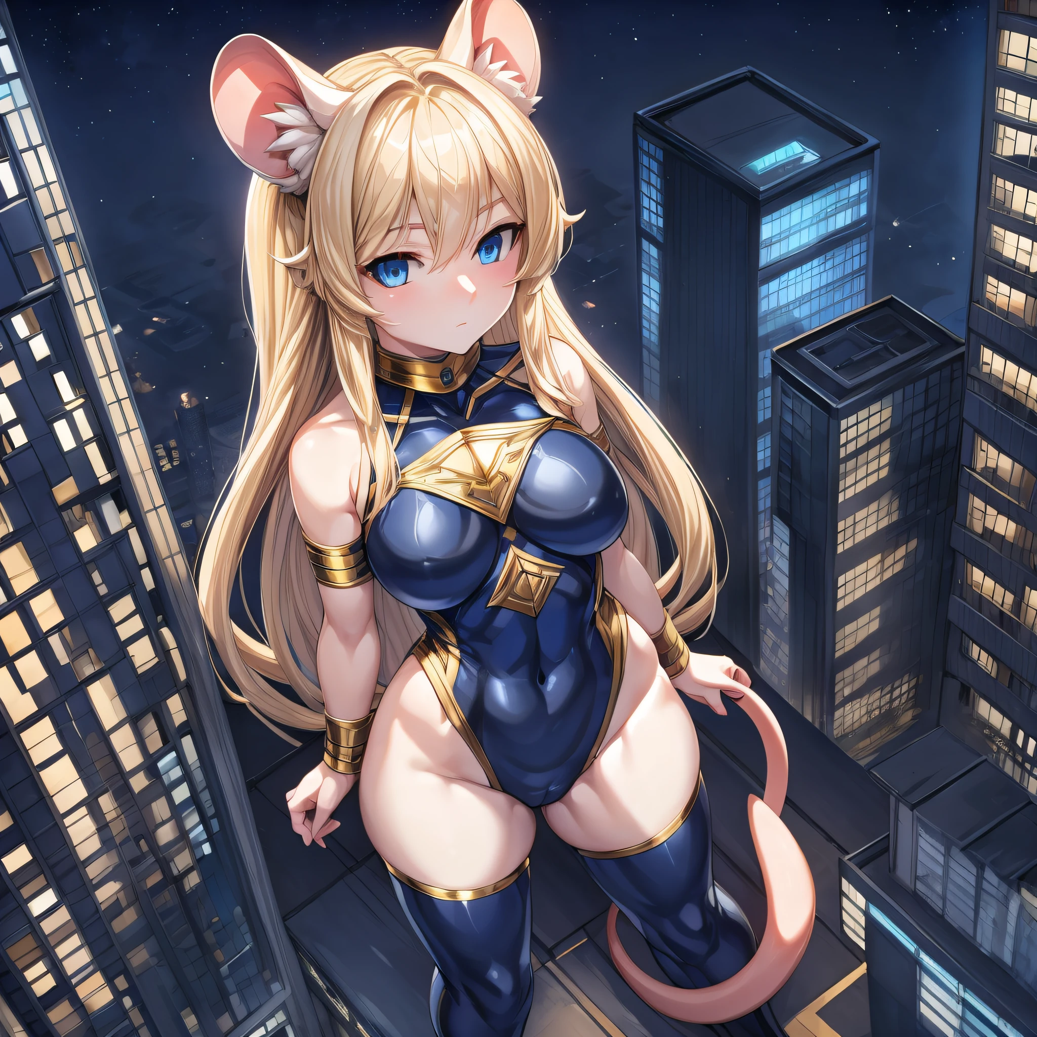 POV from above looking at A ite humanoid miniaturth pale skin and long blonde hair and blue eyes and fluffy mouse ears and a fluffy blonde mouse tail and average breasts is stood alone on the roof of a high-rise building in the city at night. She is wearing a navy blue spandex bodysuit with gold trim.