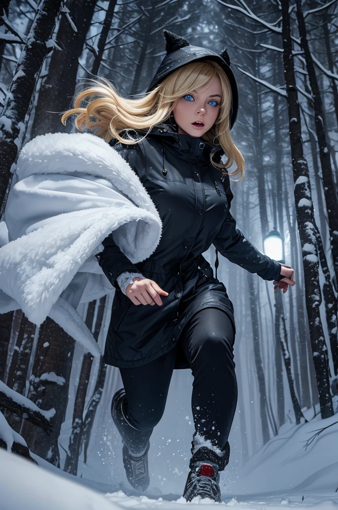 Classic horror painting. Blonde woman with angular face and piercing blue eyes, wearing a bulky old-style hooded parka, running toward the viewer through a snow storm in a birch forest at night. BREAK. One monstrous shaggy black cat with burning blue eyes pursues her.