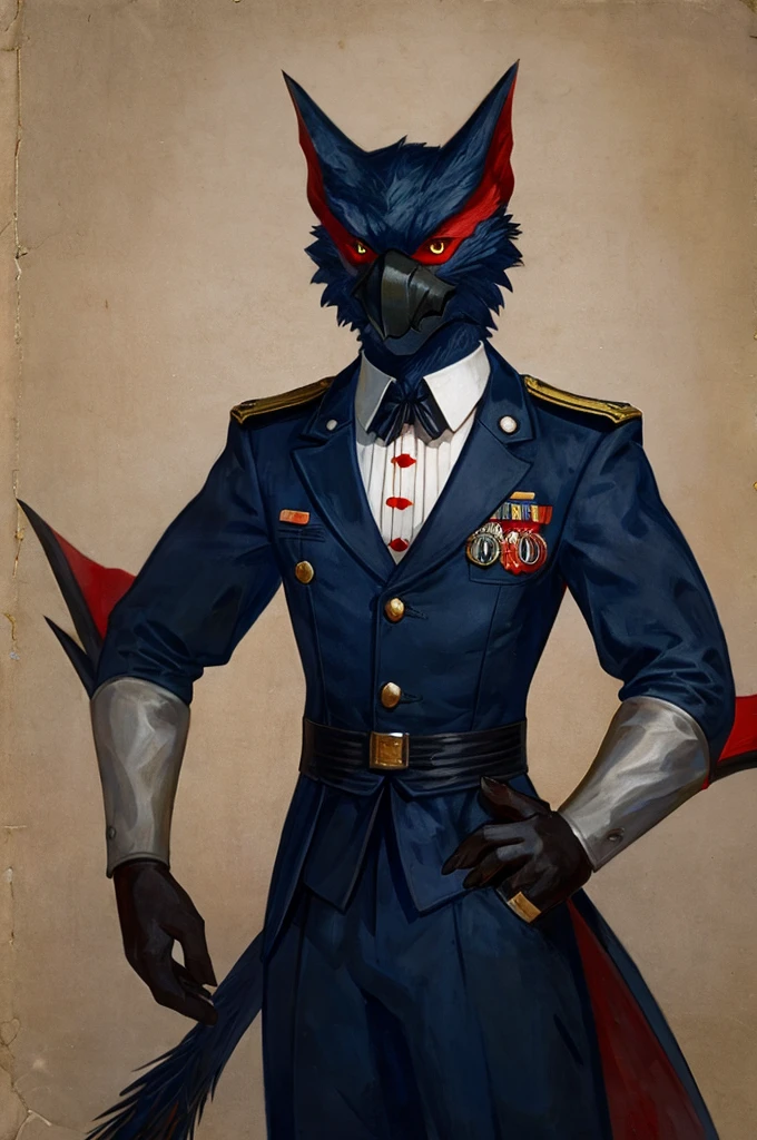 A Nargacuga as a German official posing for a portrait, black-red uniform, 1900s photograph,