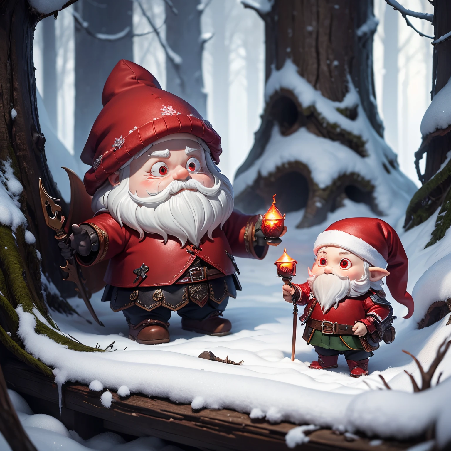 ​masterpiece、top-quality、ultra-detailliert、creepy red gnome//、fairy tale snow forest