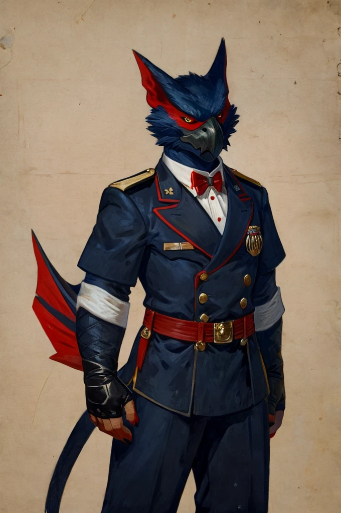 A Nargacuga as a German official posing for a portrait, black-red uniform, fingerless gloves, clawed hands, 1900s photograph,