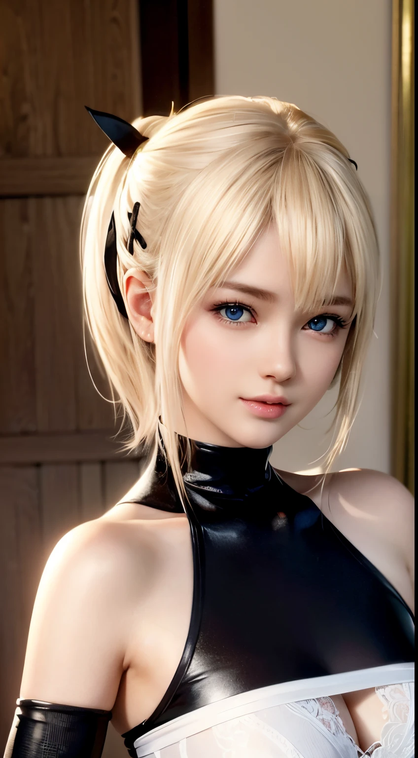 ​Marie rose, Blonde hair, masterpiece, pixie hair-cut, short hair, 1 beautiful girls, detailed, Swollen eyes, top-quality, 超A high resolution, (Realistis: 1.4), Original Photographs, 1girl in, 电影灯光, (A smile:0.6), Asian Beauty, Korean, Proper, very extremely beautiful, Slightly younger face, Beautiful skins, Slender body, big breast, Black sweater, cyberpunk backgrounds, (A hyper-realistic), (illustration), (high resolution), (8K), (Highly detailed), (The best illustrations), (beautifully detailed eyes), (ultra-detailer), (wall-paper), (详细的脸), looking at the viewers, fine detailed, A detailed face、deep-shadows、Unobtrusive、pureerosfaceace_v1、46-point diagonal bangs, Facing straight ahead, Neat Clothing , Blue colored eyes, Blonde hair, masterpiece, pixie hair-cut, short hair,