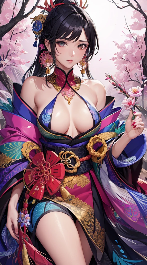 A female with medium breasts, slim body, show cleavage, bare shoulders, black hair, colored flowers, particles, light rays, (masterpiece, top quality, best quality, official art, beautiful and aesthetic:1.2), (1girl:1.3), extremely detailed,(fractal art:1.1),(colorful:1.1)(flowers:1.3), highest detailed,(zentangle:1.2), (dynamic pose), (abstract background:1.3), (shiny skin), (many colors:1.4), (earrings:1.4), (feathers:1.4), (Japanese traditional cloth:1.2), (shiny skin), (many colors:1.4), (earrings:1.4), proper eyes.