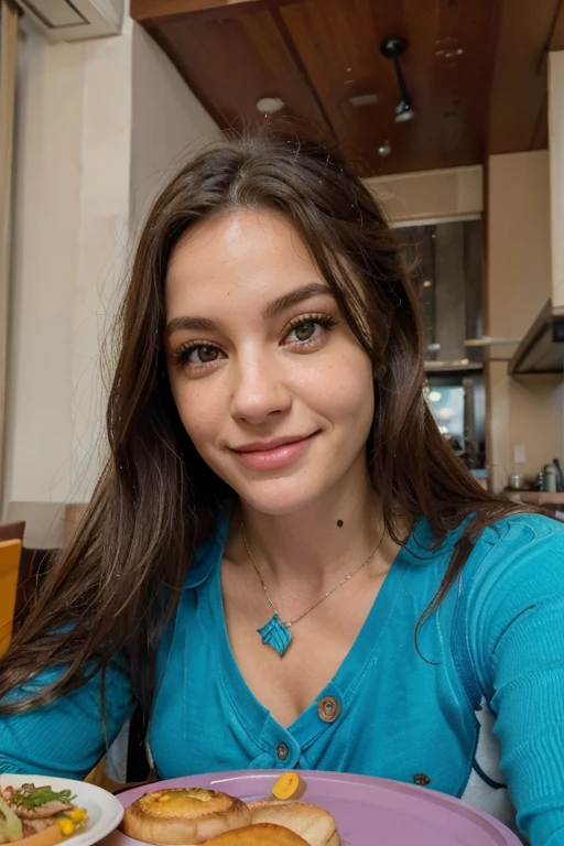 piel lisa y bella ojos color azul, pelo largo, (Foto de retrato) de (mujer jnlv:1.0),  Sentarse junto a la mesa, en un restaurante, Hamburguesa en un plato, Looking at camera, sonriente