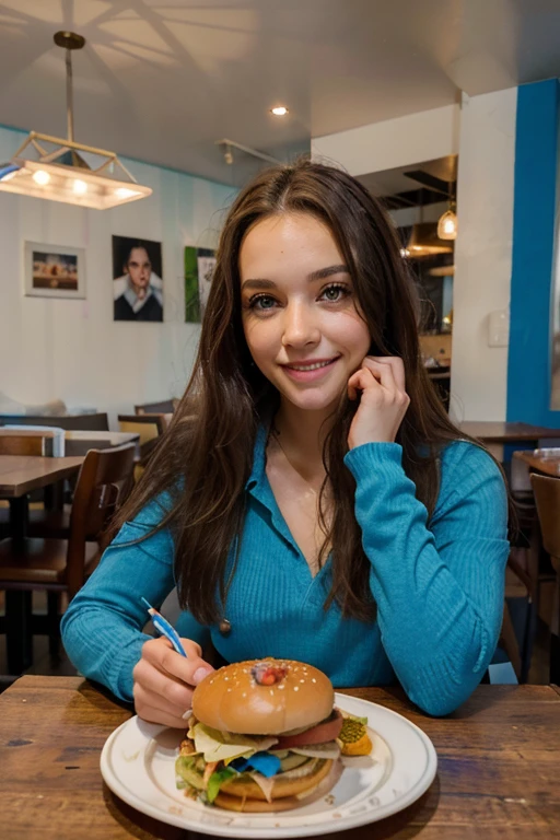 piel lisa y bella ojos color azul, pelo largo, (Foto de retrato) de (mujer jnlv:1.0), Sentarse junto a la mesa, en un restaurante, Hamburguesa en un plato, Looking at camera, sonriente
