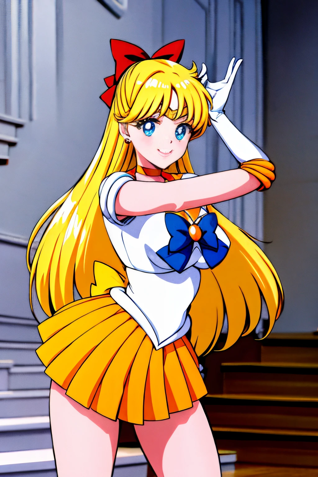 masutepiece, Best Quality, High resolution, venus1, 1 girl, Solo, Warrior Sailor Suit, sailorvenus, aino minako, Blonde hair, magical little girl, Blue eyes, Orange Ultra Mini Skirt, Elbow length gloves, tiarra, Pleated skirt , Hair Bow, Orange Sailor Necklace, Ultra mini skirt, Choker, Red bow, orangechoker, White Gloves, Very long hair, Jewelry, earrings, Climb the stairs, close-up, Smile, Cowboy Shot, Sailor Senshi Uniform, Sailor collar, Pleated skirt, elbow groves, In the back pose, Show me the loot, Backwards, Large loot has no strings, Full body, Rabbit, Close-up loot, Climb the stairs backwards, Slim Girl, Skinny Girl , big booty.