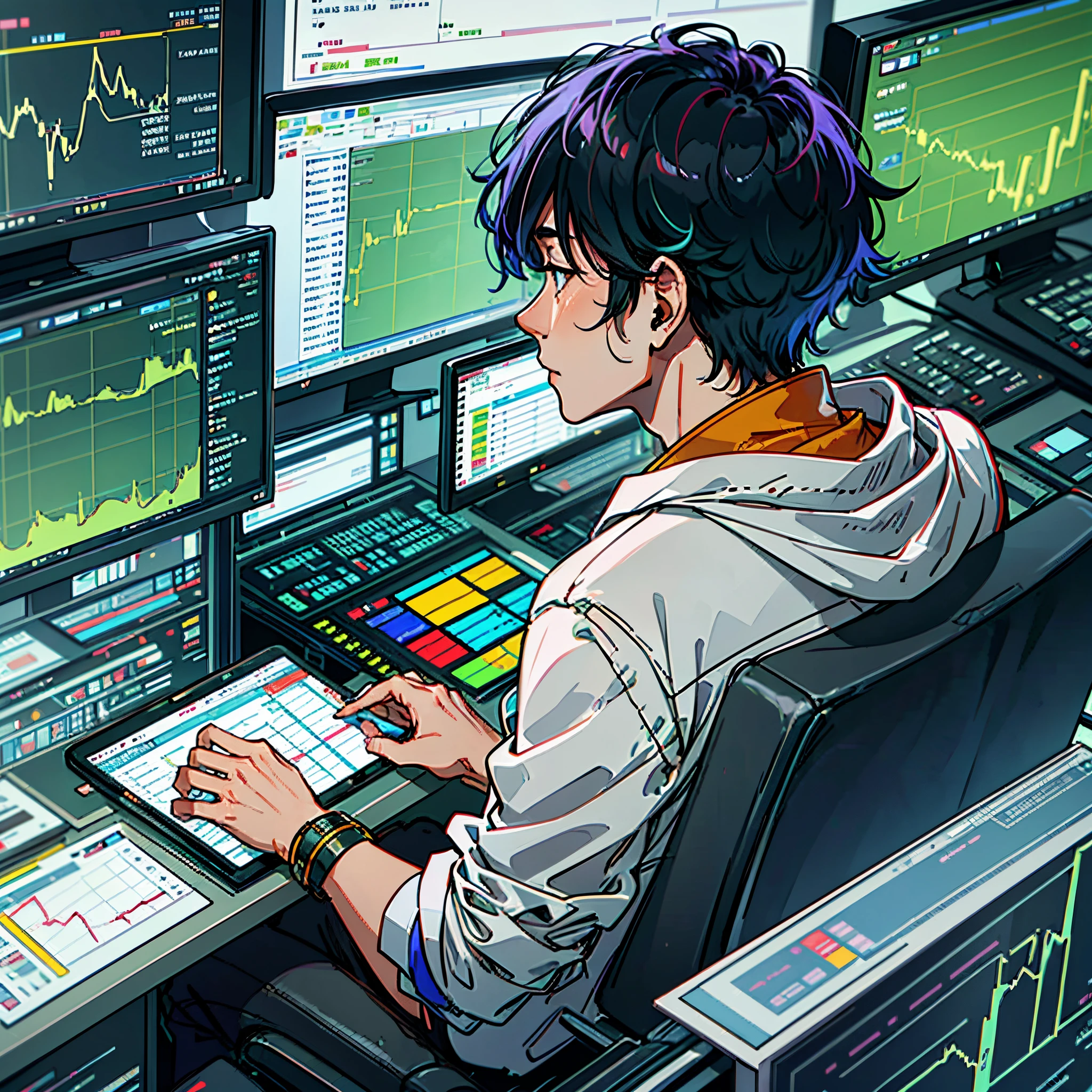 an asian man sitting in front of screen, stock charts on the screen --auto --s2
