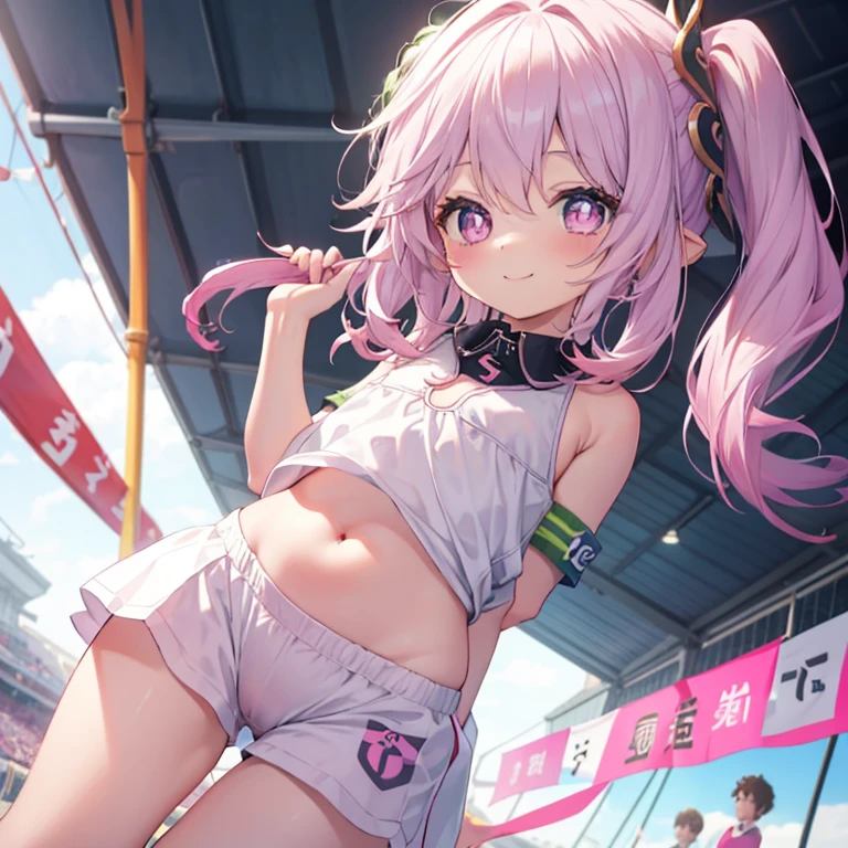Best Quality, top-quality、(cute petit girl:1.3),Beautiful pink eyes、flat chest、Lori、(Cuteness beyond limits)、Shining thighs、((Cute smile))、tied up with a collar、Track & Field Jerseys、Show your belly button