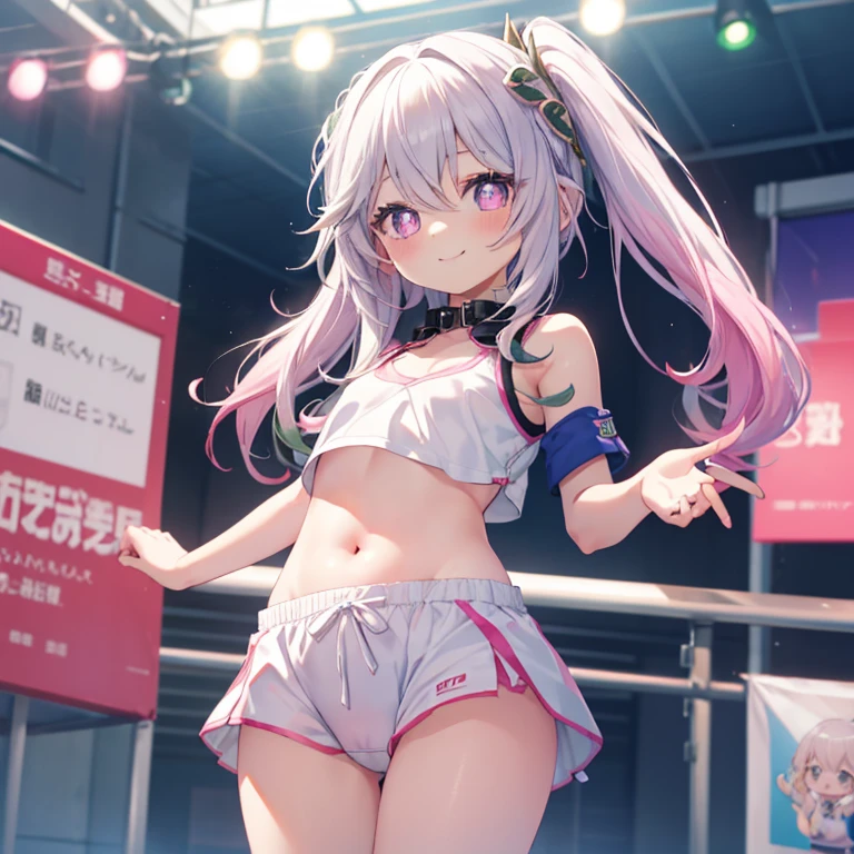 Best Quality, top-quality、(cute petit girl：1.3),Beautiful pink eyes、flat chest、Lori、（Cuteness beyond limits）、Shining thighs、((Cute smile))、tied up with a collar、Track & Field Jerseys、Show your belly button