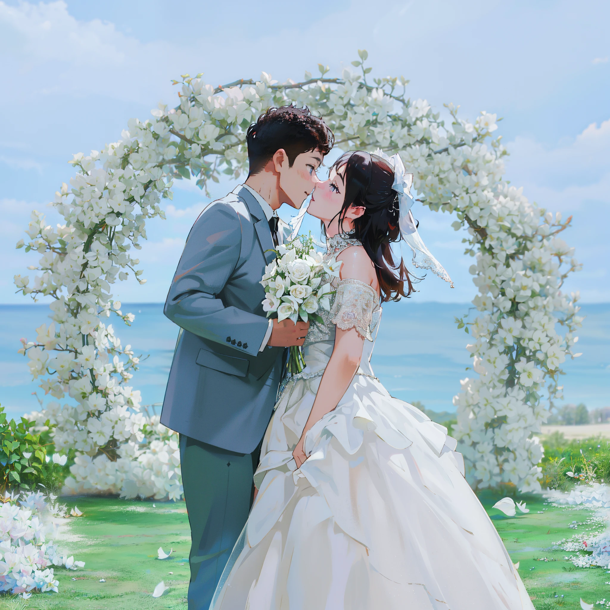 Bride and groom kissing in front of flower arch, wedding photo, Background with, Romantic, luxurious wedding, kissing together cutely, Weddings, Shot with Canon EOA 6 D Mark II, couple kissing, trailer, lovely kiss, professional wedding photography, 🤬 🤮 💕 🎀, 𝓡𝓸𝓶𝓪𝓷𝓽𝓲𝓬, wedding photography, kisses, behind the scenes, cute couple, jia