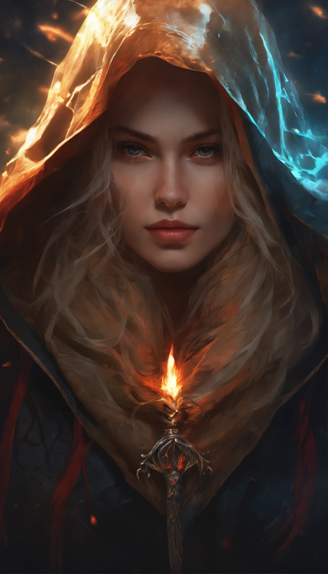 masterpiece, Rogue assassin girl, wearing a hood, blonde hair, shrouded in shadows, holding a flaming dagger in each hand, vibrant glowing abyssal colors, entirely in frame, FULL BODY, radiating electrical energy, shoulder length messy hair, Full body, Beautiful anime waifu style girl, hyperdetailed painting, luminism, art by Carne Griffiths and Wadim Kashin concept art, 8k resolution, fractal isometrics details bioluminescence , 3d render, octane render, intricately detailed , cinematic, trending on art station Isometric Centered hyper realistic cover photo awesome full color, hand drawn , gritty, realistic, intricate, hit definition , cinematic, Rough sketch, bold lines, on paper, vibrant, epic, ultra high quality model, 16k.