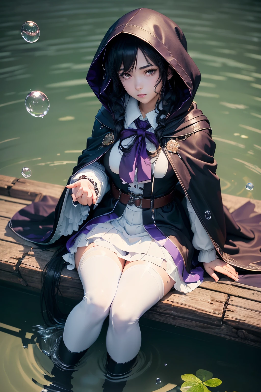 (Best quality at best, tmasterpiece:1.4), Extremely detailed 8K unified CG wallpaper, A high resolution, (style of anime, 2d ）Long black hair，schoolgirls，White eyes，Black-purple cloak，Wearing a hood，sitting on water，white stockings，floating aqua droplets，messy  hair，face expressionless