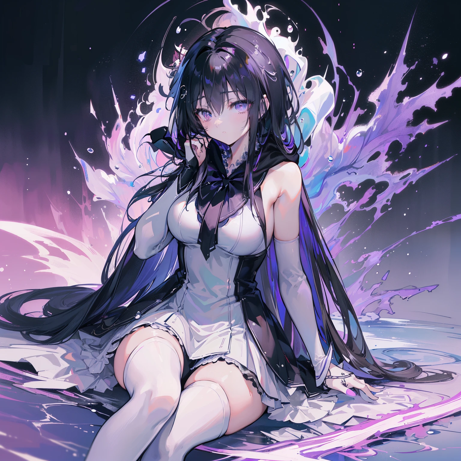 (Best quality at best, tmasterpiece:1.4), Extremely detailed 8K unified CG wallpaper, A high resolution, (style of anime, 2d ）Long black hair，schoolgirls，White eyes，Black-purple cloak，Wearing a hood，sitting on water，white stockings，floating aqua droplets，messy  hair，face expressionless