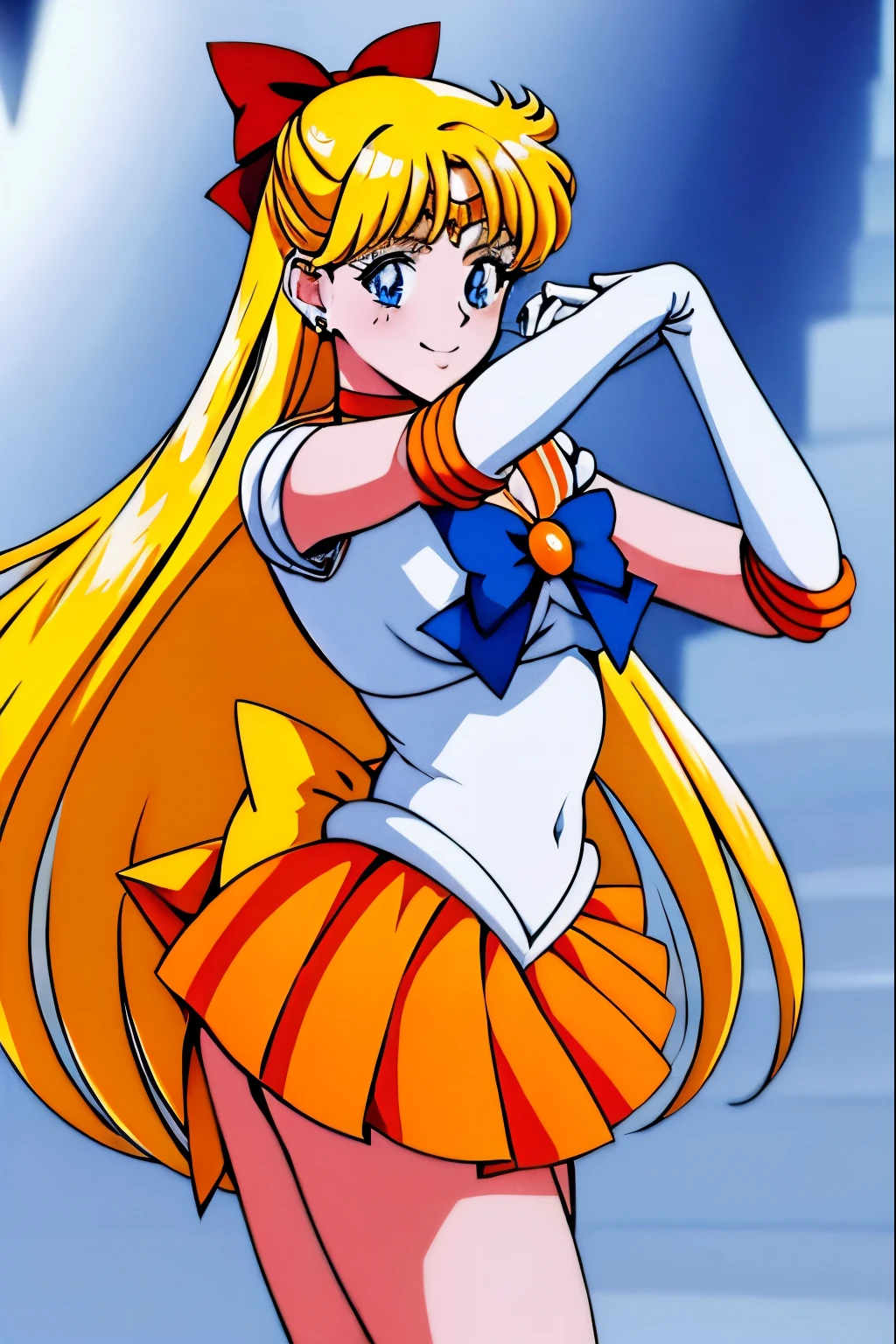 masutepiece, Best Quality, High resolution, venus1, 1 girl, Solo, Warrior Sailor Suit, sailorvenus, aino minako, Blonde hair, magical little girl, Blue eyes, Orange Ultra Mini Skirt, Elbow length gloves, tiarra, Pleated skirt , Hair Bow, Orange Sailor Necklace, Ultra mini skirt, Choker, Red bow, orangechoker, White Gloves, Very long hair, Jewelry, earrings, Climb the stairs, close-up, Smile, Cowboy Shot, Sailor Senshi Uniform, Sailor collar, Pleated skirt, elbow groves, In the back pose, Show me the loot, Backwards, Big loot has no strings, Full body, Rabbit, Close-up loot, Climb the stairs backwards, Slim Girl, Skinny Girl , big booty.