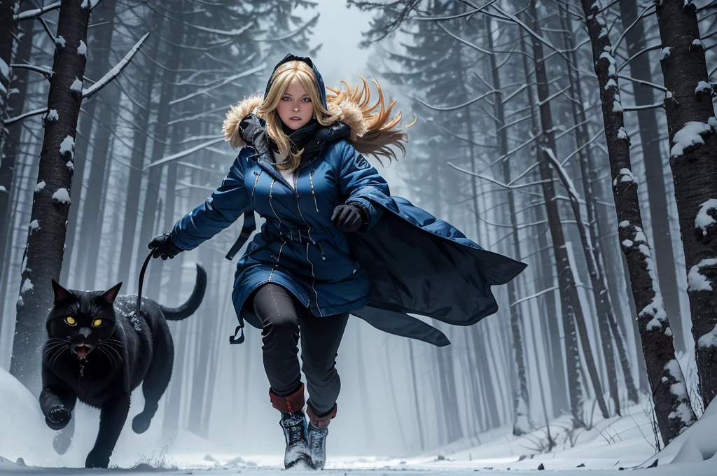 Classic horror painting. Blonde woman with angular face and piercing blue eyes, wearing a bulky old-style hooded parka, running toward the viewer through a snow storm in a birch forest at night. BREAK. One monstrous shaggy black cat with burning blue eyes leaps toward her.