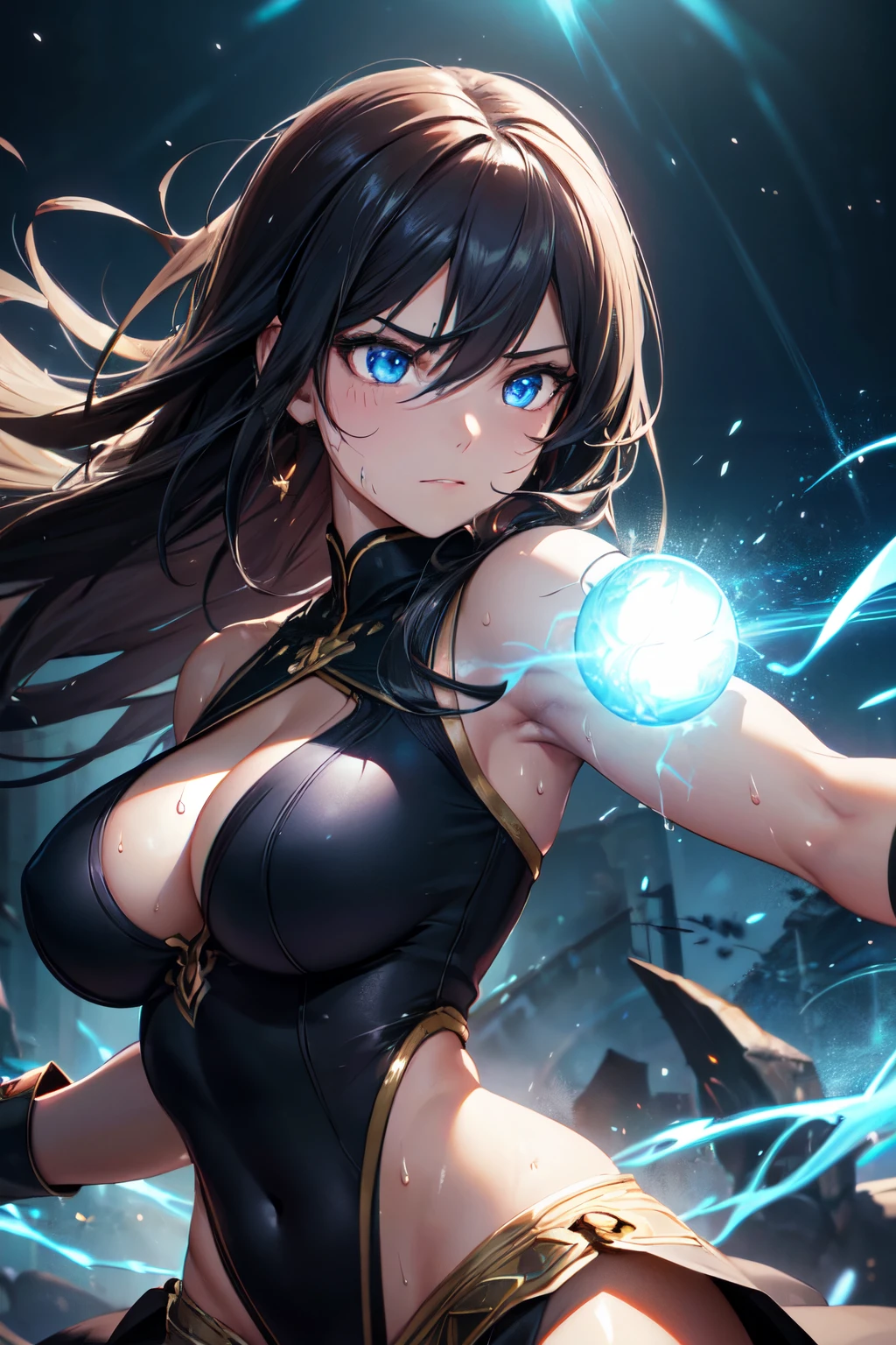 (High quality, High resolution, Fine details), Realistic, fierce expression, strong determined eyes, ((glowing aura ball)), fighting stance, energetic atmosphere, dynamic movement, soft flowing hair, ethereal background, studio lighting, bokeh, portrait, concept artists, warrior, ((supernatural power)), dark color palette, mesmerizing, empowering, solo, curvy women, sparkling eyes, (Detailed eyes), (Sweat), (Oily skin), shallow depth of field