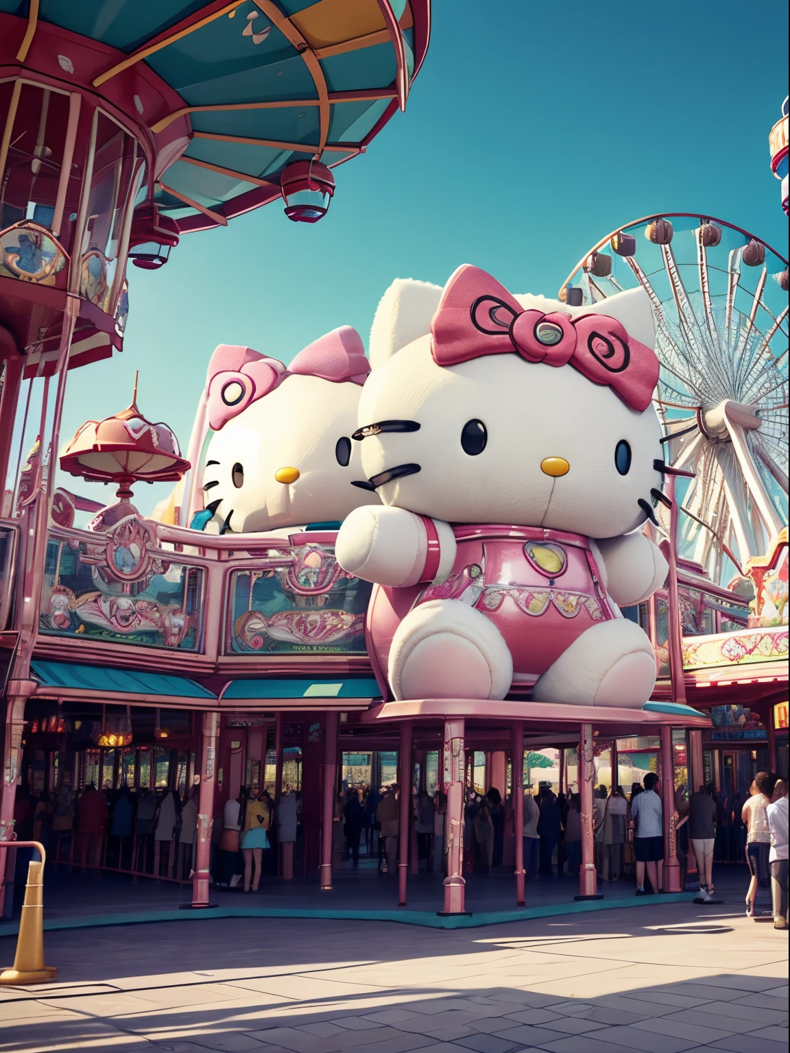 best quality, 4K wallpaper, masterpiece, extremely detailed CG unity 8k wallpaper, extremely detailed eyes, ultra-detailed, intricate details, fantasy, (h1c4tt3ch theme park), hello kitty themed amusement park, crowds, ferris wheel, wide shot, from the back