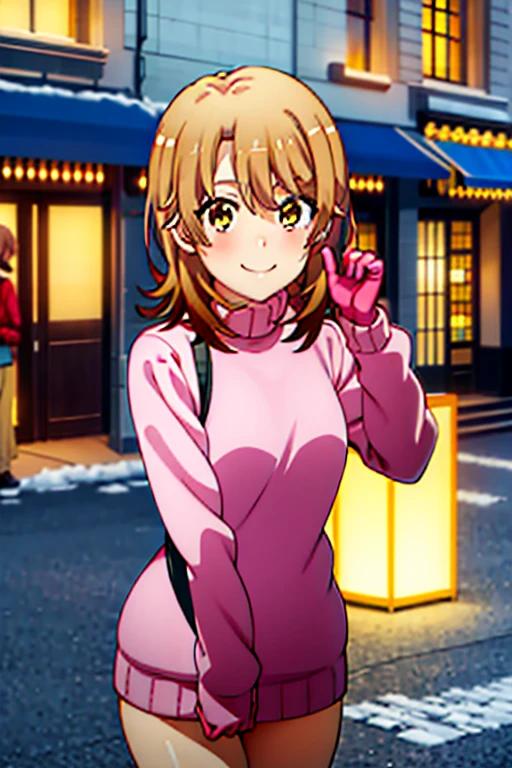(isshikiIroha:1.5), masterpiece, best quality, absurdres, 1girl, looking at viewer, standing, upper body, outdoors, street, city, snow, turtleneck, pink sweater, evil smile, grin, leaning forward, gloves, night